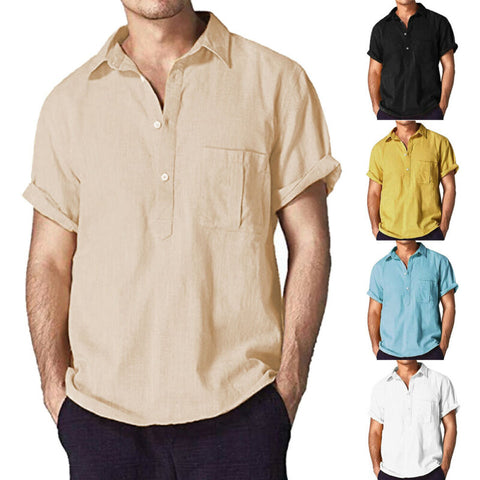 2019 Casual Men's Summer Slim Fit Short Sleeve Muscle Tee Linen shirt Quality Solid Tops Blouse Size M-XXXL