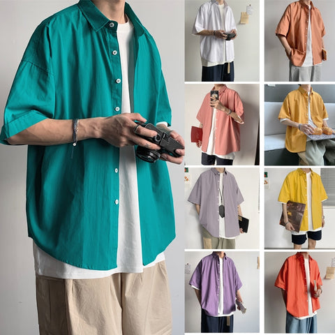 High Quality 2020 Colorful Shirts for Boyfriend Gift Mens Loose Fit Short Sleeve Shirts Button Up Short Sleeve Dress Shirts