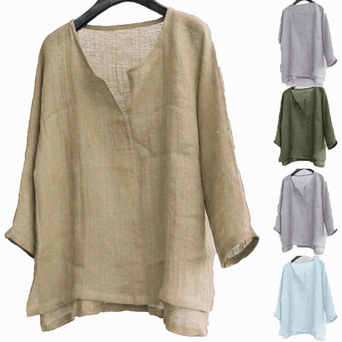 Men's Long Sleeve Blouse New Cotton Linen Solid Color Loose Pullover V-Neck Tee Shirt Fashion Casual Breathable Comfy Tops#Y