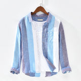 Men Spring Fashion Japan Style 100% Pure Linen High Quality Colorful Stripe Dyed Long Sleeve Shirt Male Minimalism Leisure Shirt