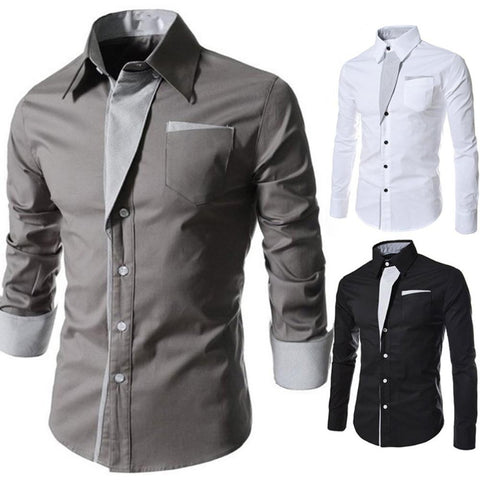 Fashion Men Stand Collar Long Sleeve Color Block Button up Shirt Slimted Fitted Top Hand-wash Regular Cotton Blend Long Sleeve