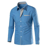 Fashion Men Stand Collar Long Sleeve Color Block Button up Shirt Slimted Fitted Top Hand-wash Regular Cotton Blend Long Sleeve