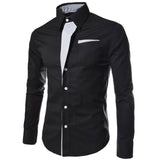 Fashion Men Stand Collar Long Sleeve Color Block Button up Shirt Slimted Fitted Top Hand-wash Regular Cotton Blend Long Sleeve