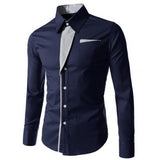 Fashion Men Stand Collar Long Sleeve Color Block Button up Shirt Slimted Fitted Top Hand-wash Regular Cotton Blend Long Sleeve