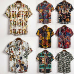 Men Linen Short Sleeve Shirt Summer Floral Loose Baggy Casual Hawaii Holiday Beach Shirts Tee Tops Buttons Blouse National Style