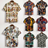 Men Linen Short Sleeve Shirt Summer Floral Loose Baggy Casual Hawaii Holiday Beach Shirts Tee Tops Buttons Blouse National Style
