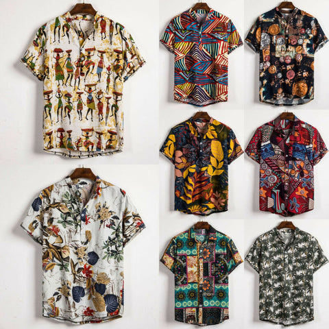 Men Linen Short Sleeve Shirt Summer Floral Loose Baggy Casual Hawaii Holiday Beach Shirts Tee Tops Buttons Blouse National Style