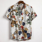 Men Linen Short Sleeve Shirt Summer Floral Loose Baggy Casual Hawaii Holiday Beach Shirts Tee Tops Buttons Blouse National Style