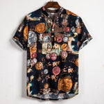 Men Linen Short Sleeve Shirt Summer Floral Loose Baggy Casual Hawaii Holiday Beach Shirts Tee Tops Buttons Blouse National Style
