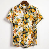 Men Linen Short Sleeve Shirt Summer Floral Loose Baggy Casual Hawaii Holiday Beach Shirts Tee Tops Buttons Blouse National Style