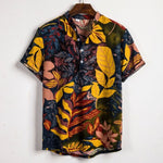 Men Linen Short Sleeve Shirt Summer Floral Loose Baggy Casual Hawaii Holiday Beach Shirts Tee Tops Buttons Blouse National Style