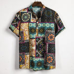 Men Linen Short Sleeve Shirt Summer Floral Loose Baggy Casual Hawaii Holiday Beach Shirts Tee Tops Buttons Blouse National Style