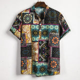 Men Linen Short Sleeve Shirt Summer Floral Loose Baggy Casual Hawaii Holiday Beach Shirts Tee Tops Buttons Blouse National Style
