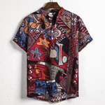 Men Linen Short Sleeve Shirt Summer Floral Loose Baggy Casual Hawaii Holiday Beach Shirts Tee Tops Buttons Blouse National Style