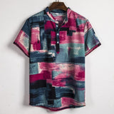 Men Linen Short Sleeve Shirt Summer Floral Loose Baggy Casual Hawaii Holiday Beach Shirts Tee Tops Buttons Blouse National Style