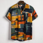 Men Linen Short Sleeve Shirt Summer Floral Loose Baggy Casual Hawaii Holiday Beach Shirts Tee Tops Buttons Blouse National Style
