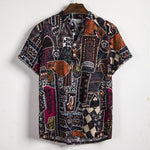 Men Linen Short Sleeve Shirt Summer Floral Loose Baggy Casual Hawaii Holiday Beach Shirts Tee Tops Buttons Blouse National Style
