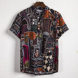 Men Linen Short Sleeve Shirt Summer Floral Loose Baggy Casual Hawaii Holiday Beach Shirts Tee Tops Buttons Blouse National Style