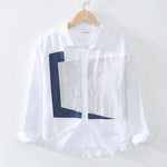 Men Summer Fall Japan Style Turn Down Collar Long Sleeve Geometry Patchwork High Quality Pure Linen Stylish Male Casual Shirts