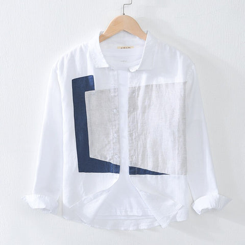Men Summer Fall Japan Style Turn Down Collar Long Sleeve Geometry Patchwork High Quality Pure Linen Stylish Male Casual Shirts
