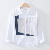 Men Summer Fall Japan Style Turn Down Collar Long Sleeve Geometry Patchwork High Quality Pure Linen Stylish Male Casual Shirts