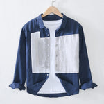 Men Summer Fall Japan Style Turn Down Collar Long Sleeve Geometry Patchwork High Quality Pure Linen Stylish Male Casual Shirts