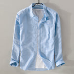 2018 New sky blue shirt men linen solid summer and autumn long sleeve shirt mens cotton square collar shirts male chemise