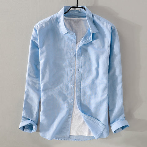 2018 New sky blue shirt men linen solid summer and autumn long sleeve shirt mens cotton square collar shirts male chemise