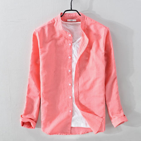 2018 New arrival Suehaiwe's brand Italy solid shirt men long sleeve stand collar pink shirts male cotton and linen shirt mens